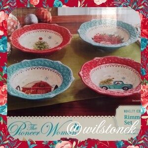 The Pioneer Woman Cheerful Rose icon Holiday set of 4 Rimmed Stoneware Bowls